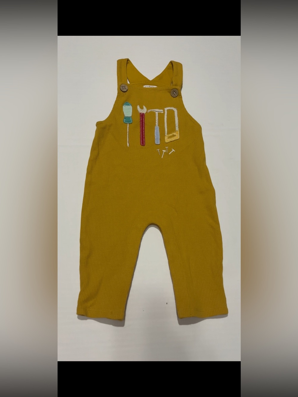 Mud Pie Mustard Ribbed Overalls with Tool Appliqué Size 6-9 months.